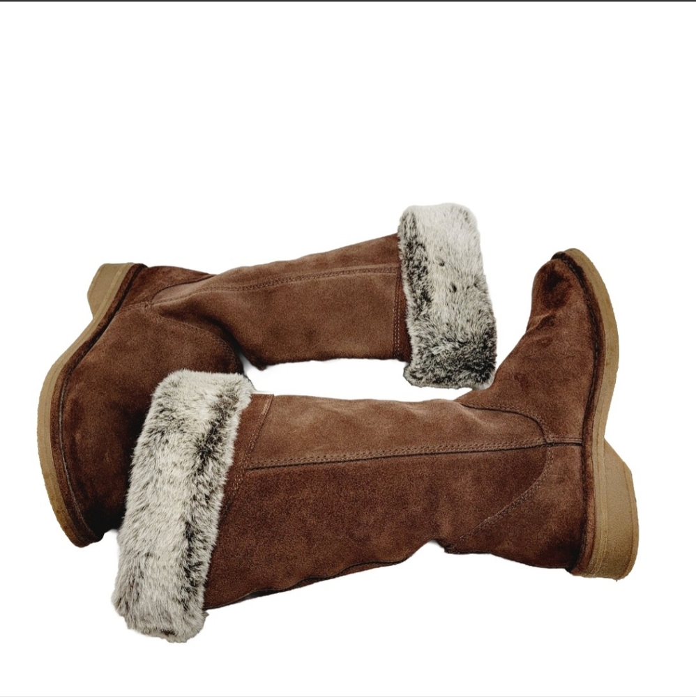 Arizona Women's 8.5 Brown Suede Leather Fur Trim Round Toe Mid Calf Winter Boots